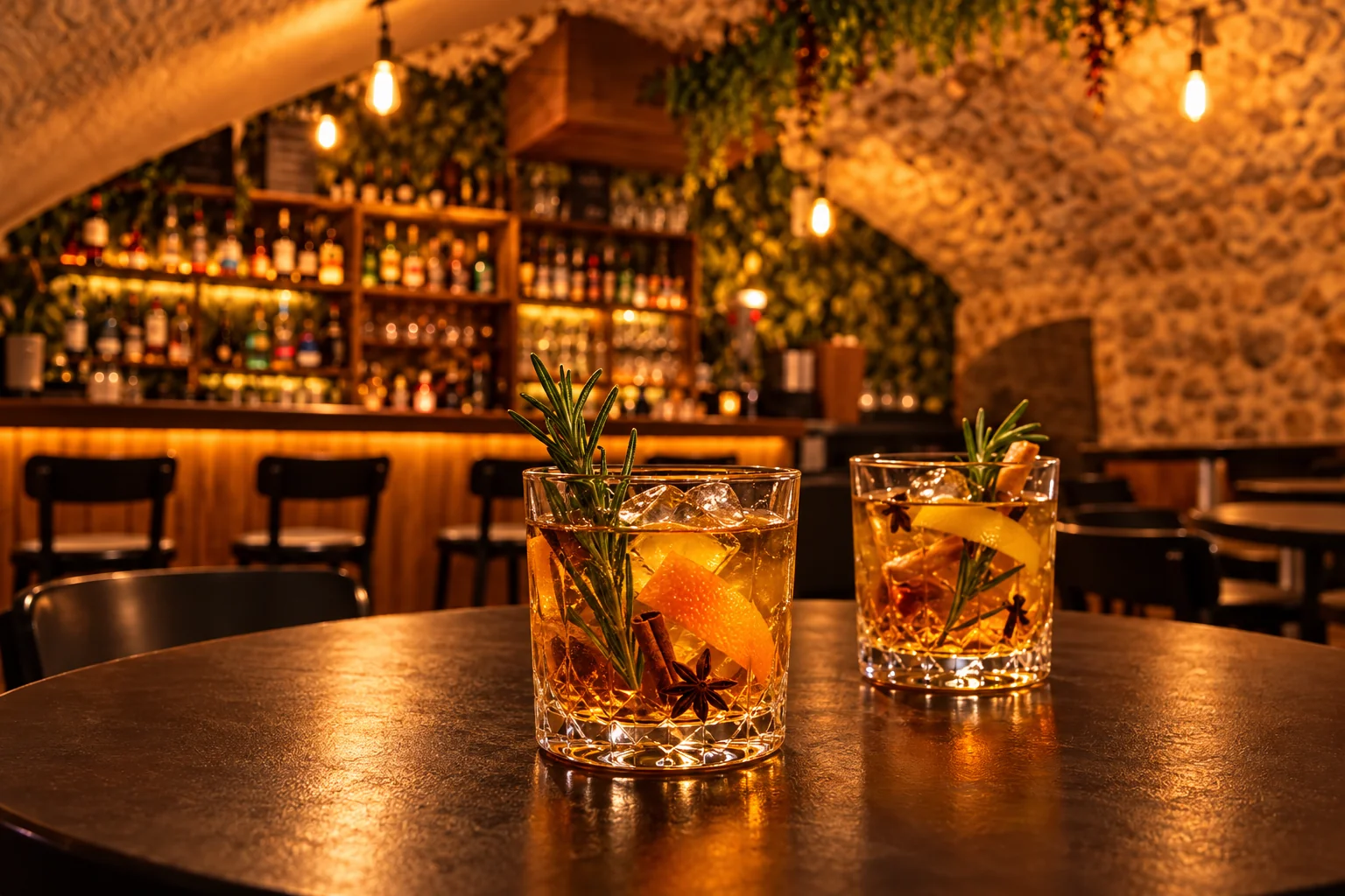 Deux verres de rhum arrangé dans l’ambiance chaleureuse de la rhumerie