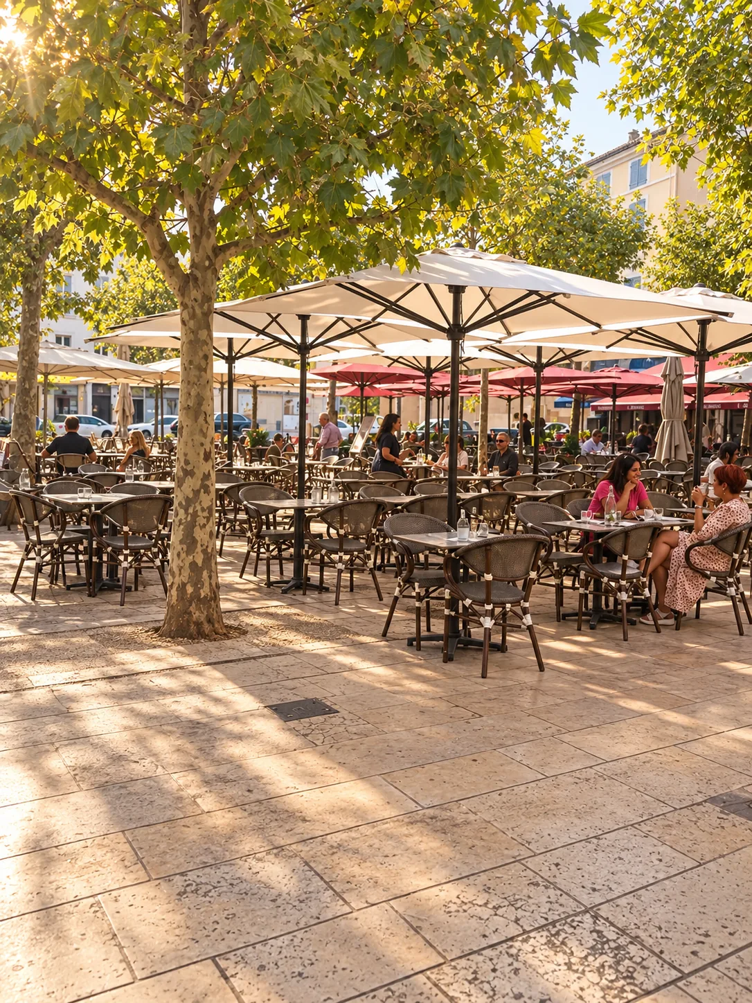 La terrasse extérieure de Chez Sam sur la place des Clercs